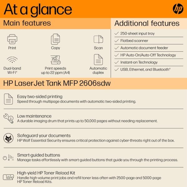 HP Laserjet Tank MFP 2606sdw, Wireless, Print, Copy, Scan, 40-Sheet ADF, - Image 6